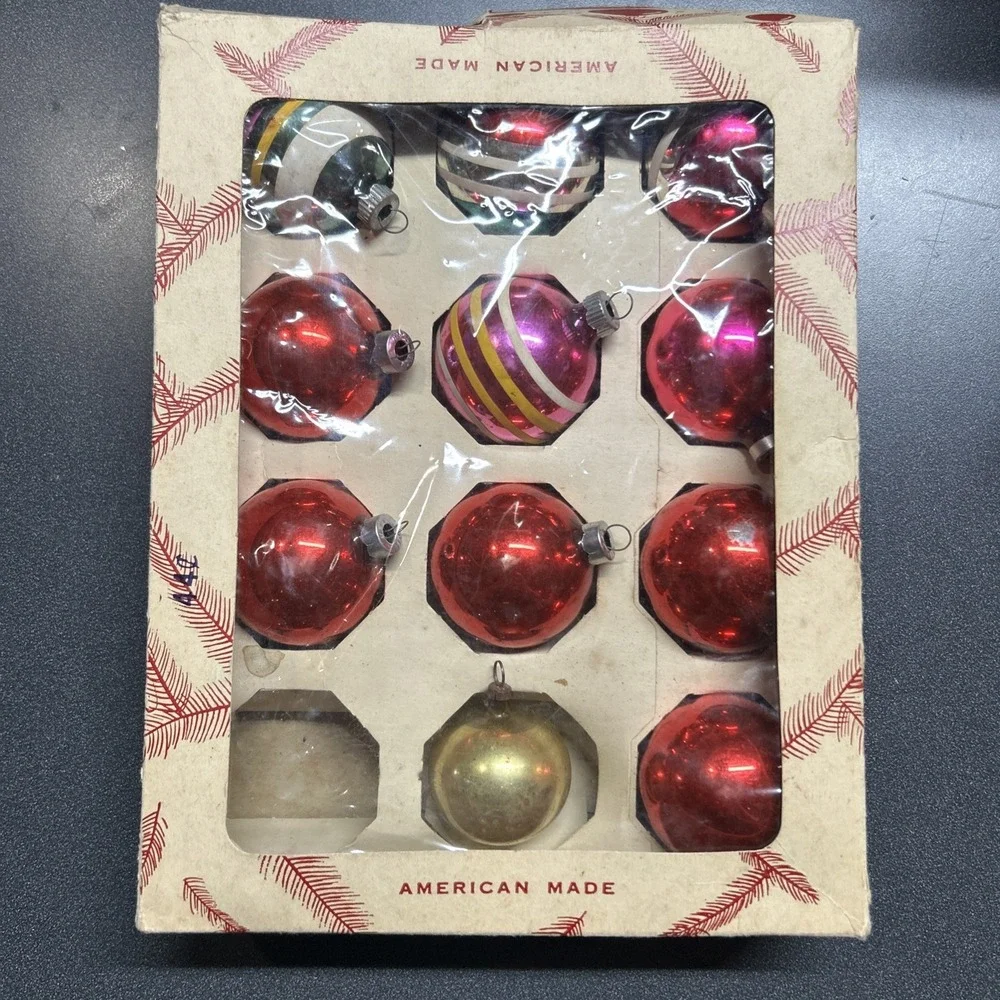 Vintage Unsilvered Christmas Ornaments ATOMIC  Lot of 11 w/ Box